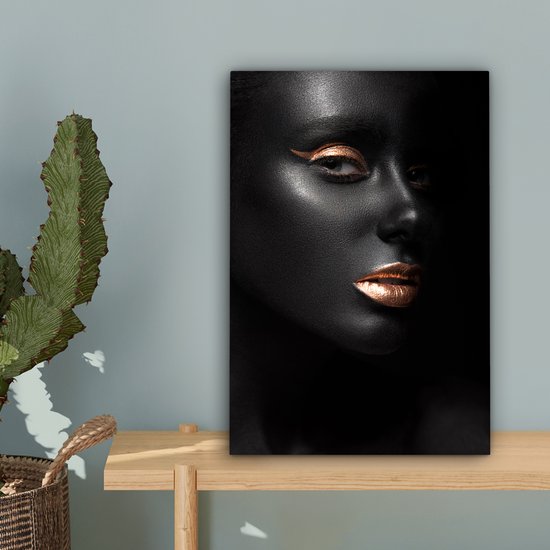 Peintures sur toile - Profil d'une femme maquillée dorée sur fond noir - 20x30 cm - Décoration murale