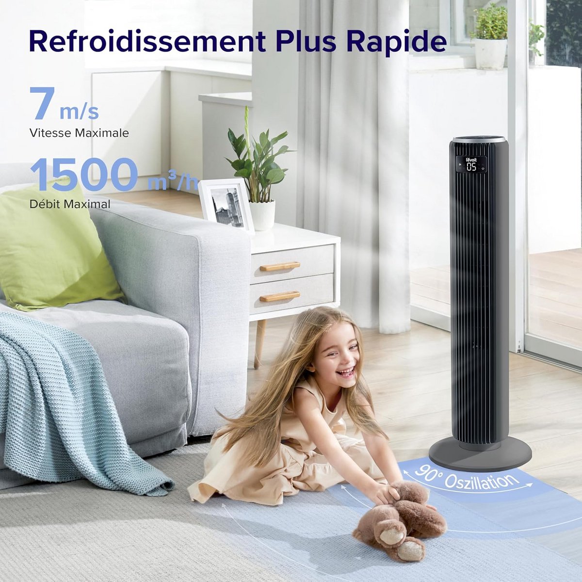 Ventilator Toren - Stille Ventilator - Slaapkamer Koelen - 90 Graden Oscillatie - 92 cm - Grijs – foto 6