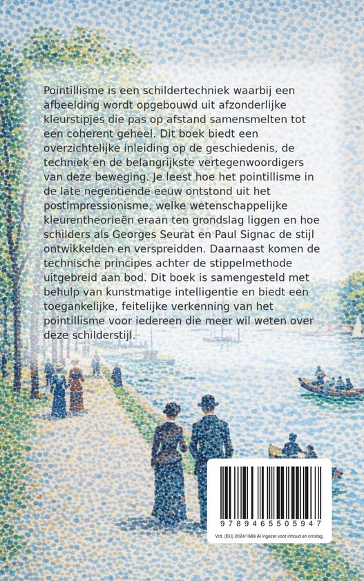 Boek met puntillistische illustratie van een rivieroever met wandelende mensen. ISBN.