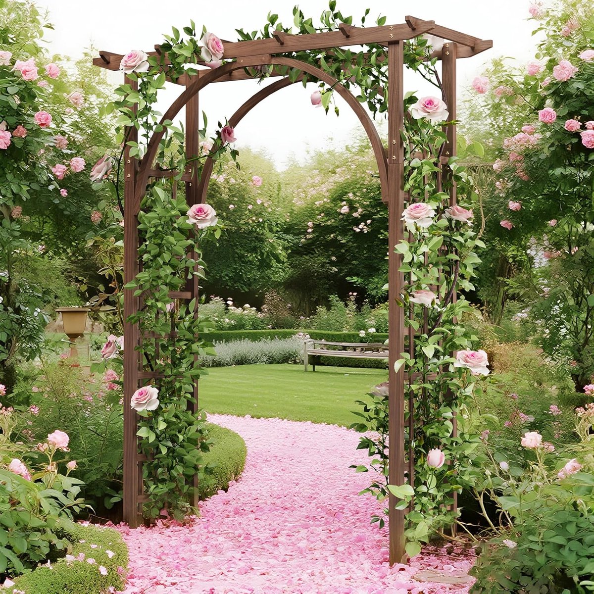 Houten tuinprieel van 85 inch met plat dak - Pergola voor buiten, ideaal voor ceremonies en feesten - Houten latwerk voor klimplanten - Decoratieve tuinboog voor terrassen, bruiloften en gazons - Houtkleur