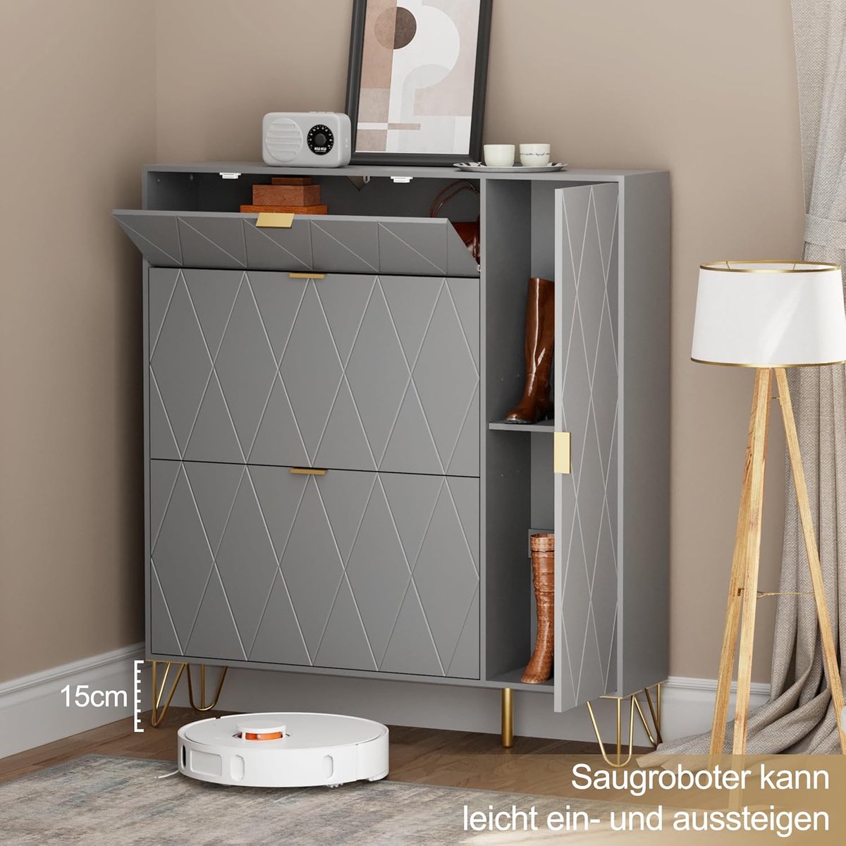 Schoenenkast smal 105x24x120 cm – House&Garden Scandinavische schoenenkast met 2 kleppen en 2 deuren – ruimtebesparende hal schoenenkast grijs met gouden handgrepen – moderne MDF schoenenopberger voor entree, gang en hal – schoenencommode organizer