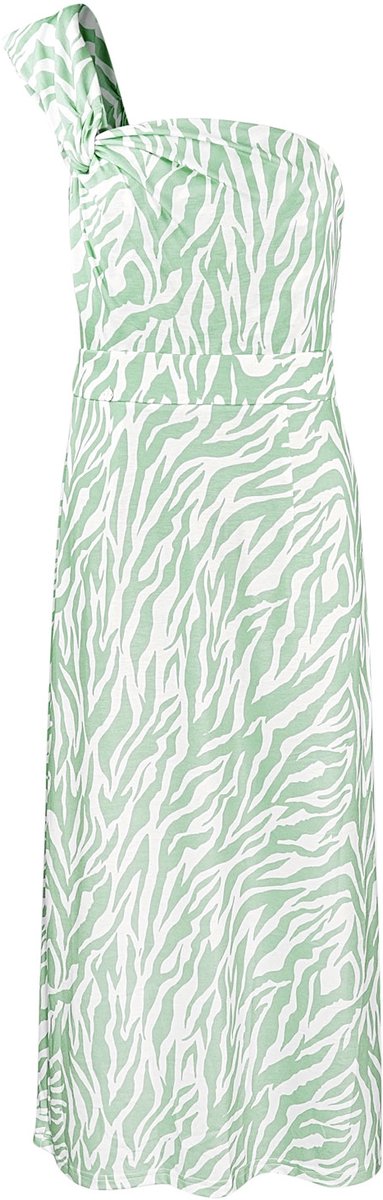 Elegante Een-Schouder Maxi-Jurk met Zebraprint - Groen - Maat M