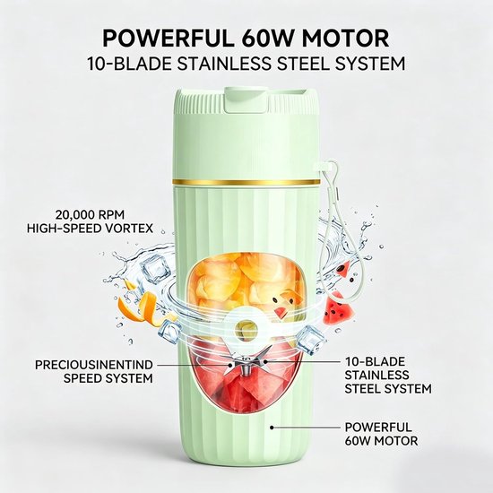Draagbare Mixer - Mini Blender - Gezonde Dranken Maken - 10 Roestvrijstalen Messen - 400 ml - Groen — afbeelding 4