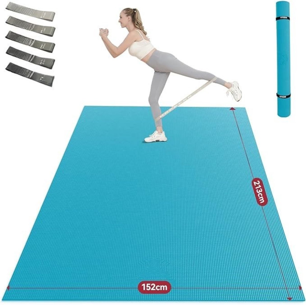 Gymnastics Mat - XXL-Fitnessmat – Extra Grote Yoga- en Fitnessmat – Antislip - PVC met Hoge Dichtheid - 0,8 cm Dik – Inclusief Fitnessbanden – 213 x 152 cm – Blauw