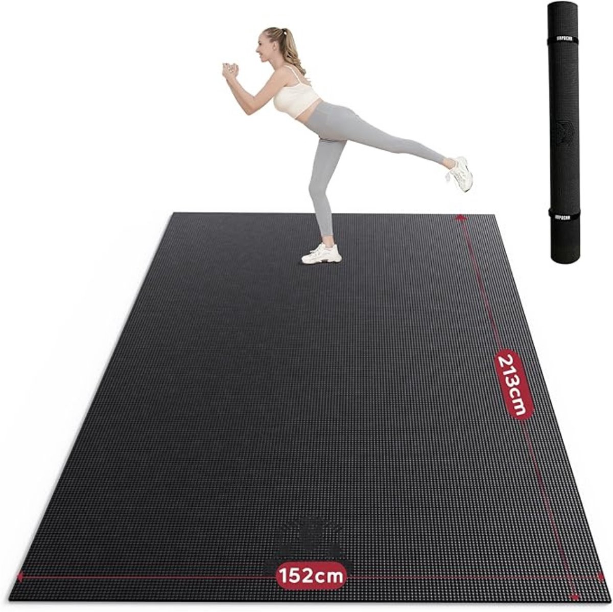 Gymnastics Mat - XXL-Fitnessmat – Extra Grote Yoga- en Fitnessmat – Antislip - PVC met Hoge Dichtheid - 0,8 cm Dik – Inclusief Fitnessbanden – 213 x 152 cm – Zwart