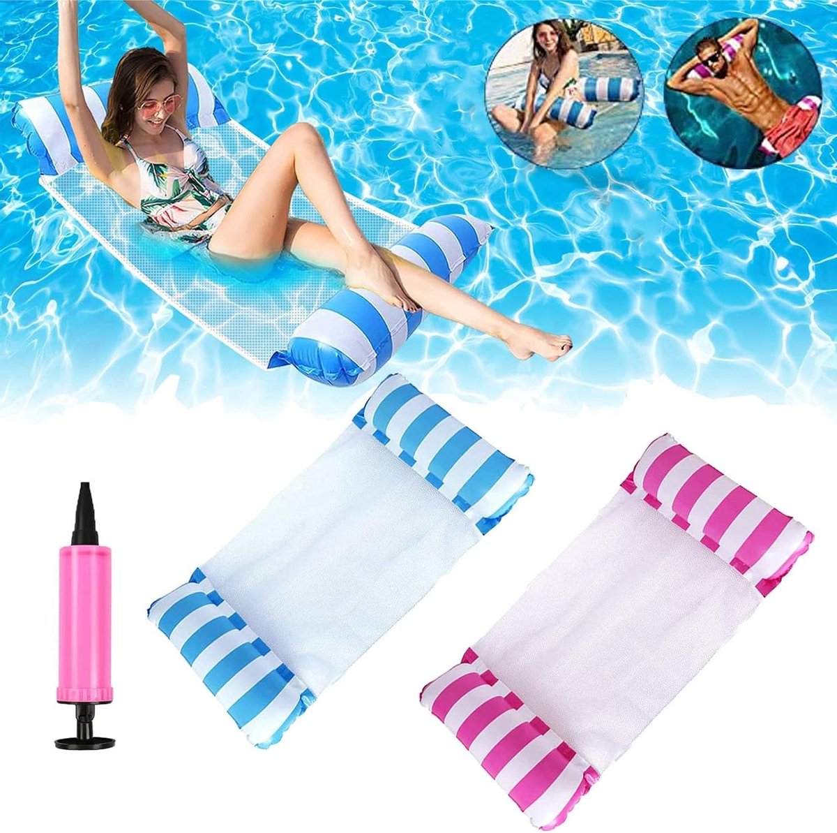 Opblaasbare Hangmat - Waterbed Zwembad - Ontspannen in Water - Vier Functies - 124 x 19 cm - Rood en Blauw