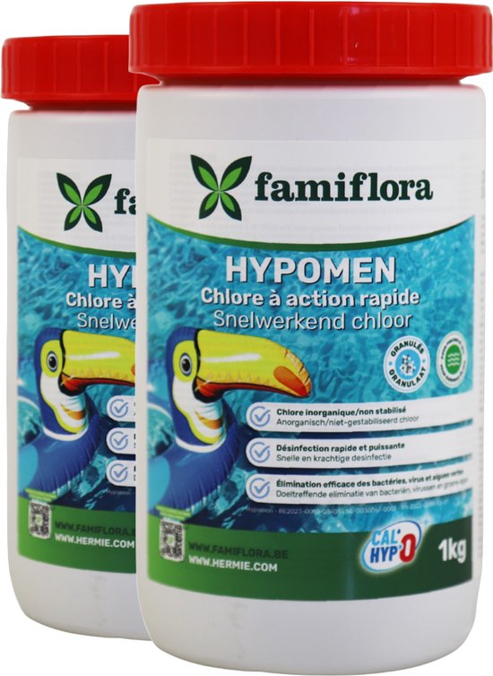 Twee witte potten met rode dop, met een label met een tukan. Tekst: "HYPOMEN Chlore à action rapide Snelwerkend chloor".