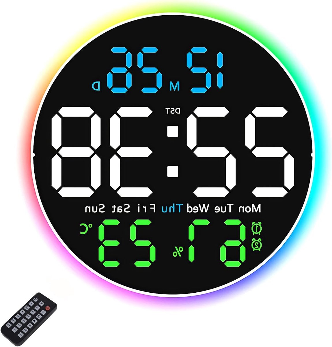 Moderne Digitale Wandklok met Afstandsbediening en 10 Inch LED Scherm, RGB Kleuren, Alarmfunctie en Sfeerverlichting voor Woonkamer en Slaapkamer