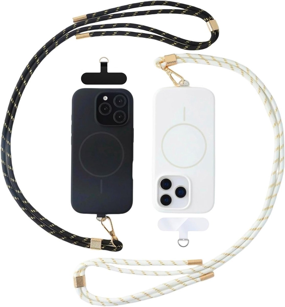 Verstelbare en Verwijderbare Telefoonkoord Set van 2, Geschikt voor Smartphones, Inclusief 2 Patches voor Telefoonbanden - Zwart en Wit