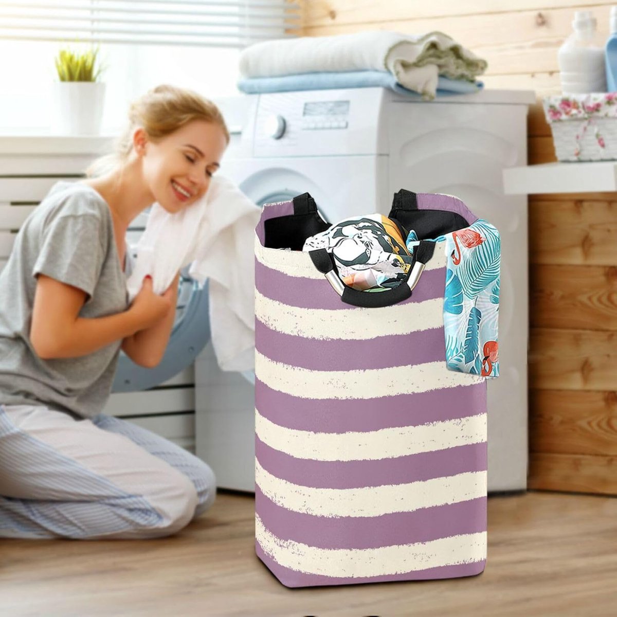 Wasmand Horizontale Strepen - Opvouwbare Mand - Kleding Opbergen - Waterdichte Voering - 40 x 38 x 50 cm