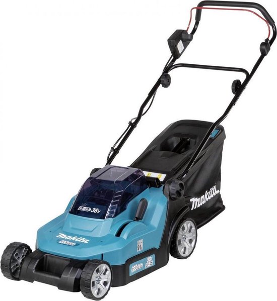 Turquoise en zwarte Makita grasmaaier met 36V batterij indicator, 380mm snijbreedte.