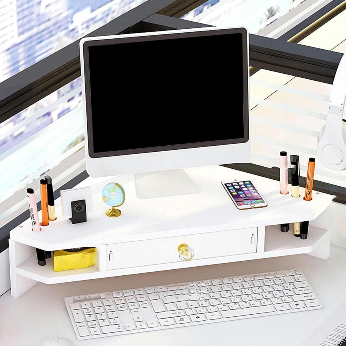 Monitorstand Hoek - Verhoger Bureau - Bureau Organiseren - Met Lade - 55.6cm Breed - Wit