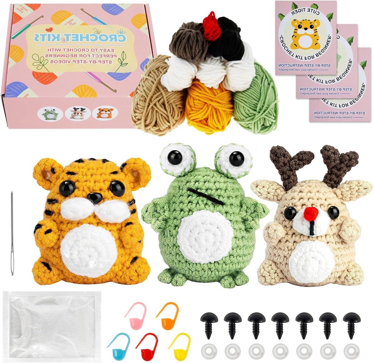 Haakpakket Dieren - Knuffel Haken - Hobby Project - Compleet Beginnerspakket - 3 Stuks - Multicolor