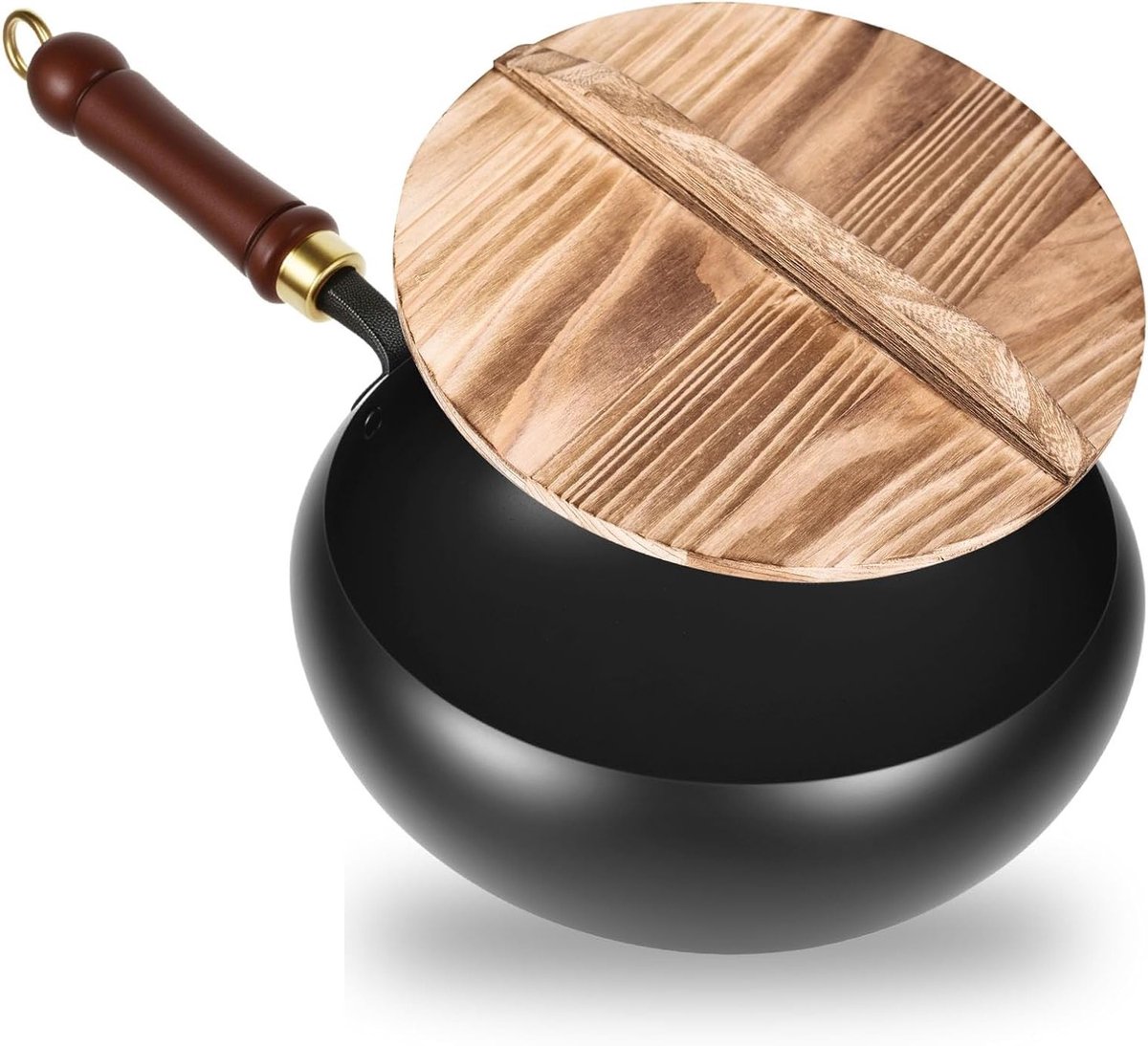 Handgemaakte 24 cm gietijzeren braadpan zonder coating met houten deksel - Perfect voor gasfornuis en inductie, ideaal voor stoofschotels en ovenschotels