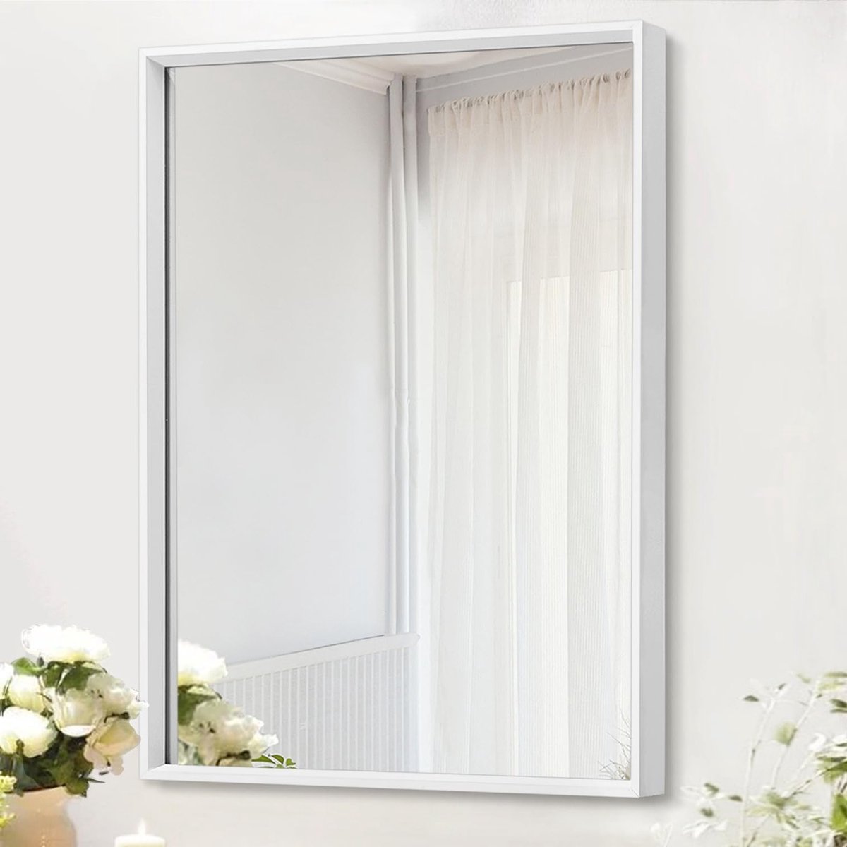 Rectangulaire Wandspiegel met Metalen Frame in Wit, Geschikt voor Badkamer en Slaapkamer,