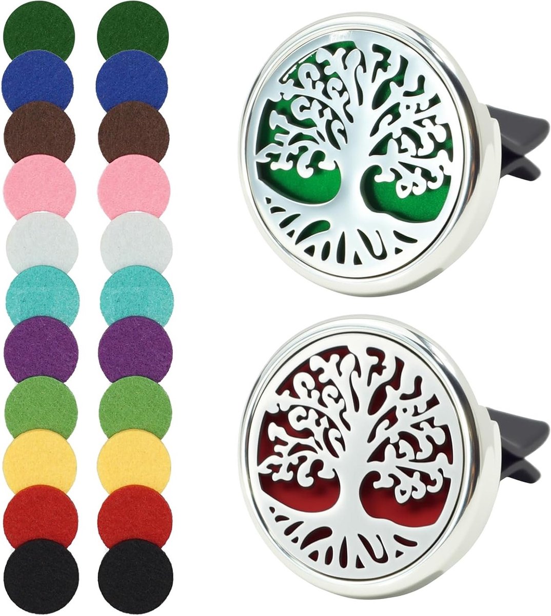 2 Stuks Aromatherapie Essentiële Olie Diffuser voor Auto, RVS, Geurverspreider met Levensboom Design, Auto Luchtverfrisser, Inclusief 20 Vervangfilters en Geurverspreiding