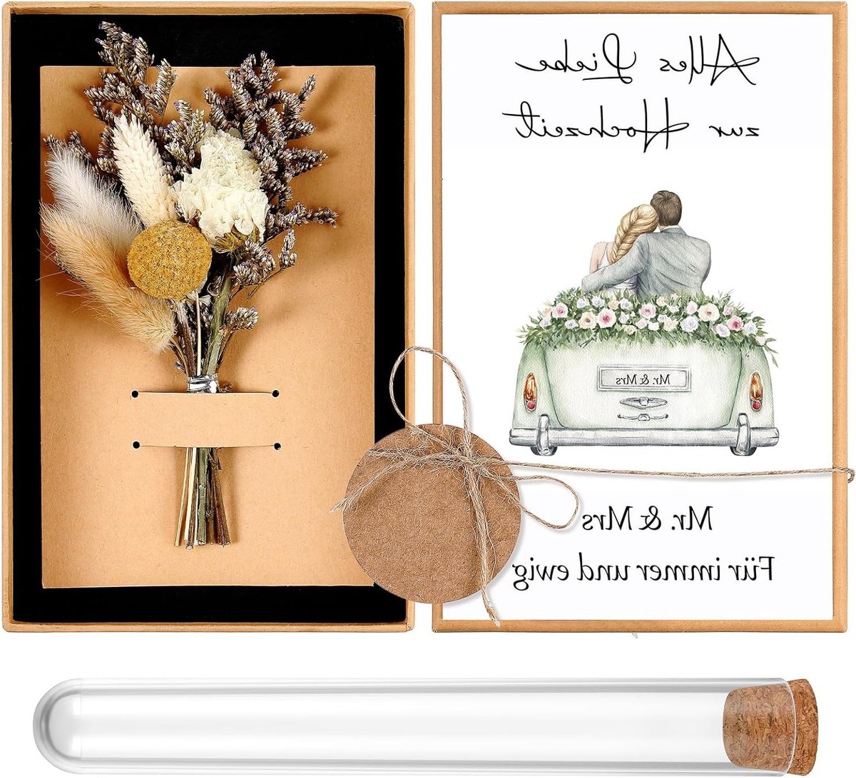 Drogen Bloemen Bruiloft Cadeauset met Wenskaart, Testbuis voor Geld, Cadeaubox en Kraft Papier Label voor de Bruidegom