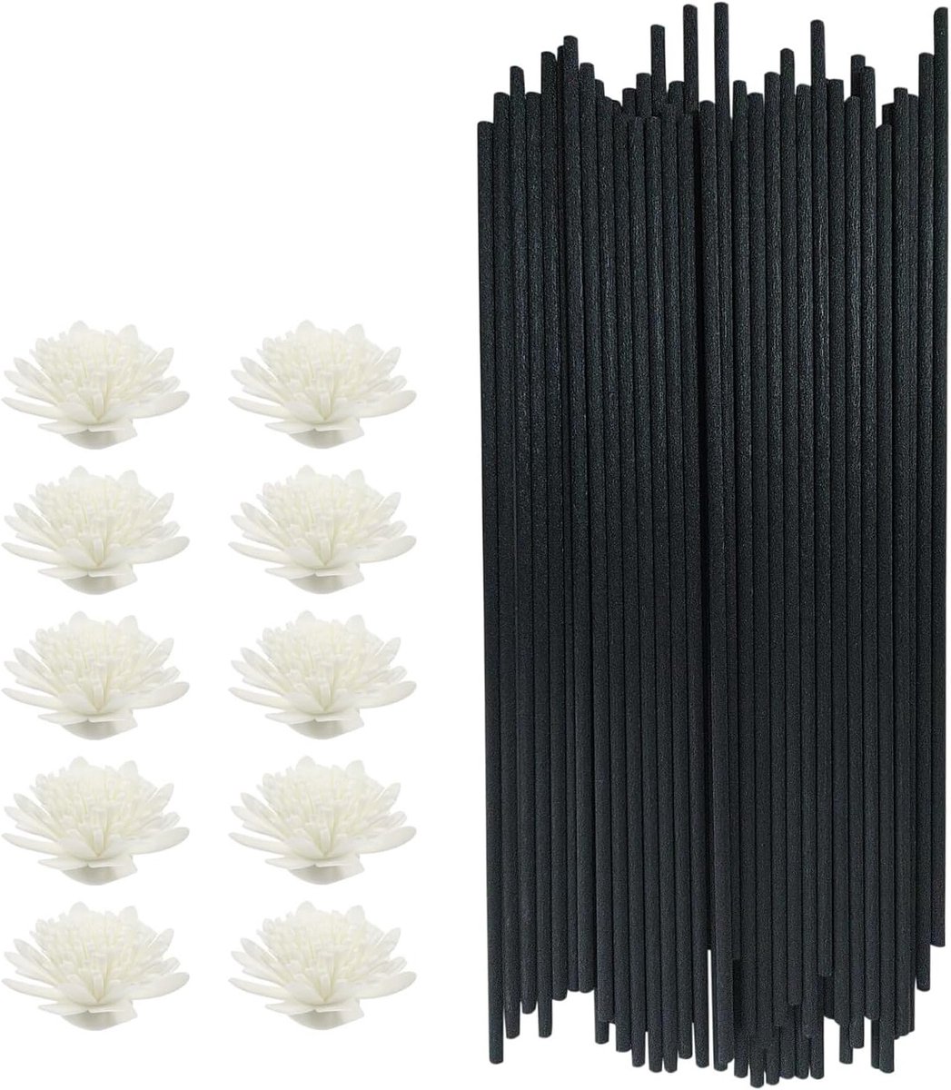 50 Stuks Zwarte Vezel Diffuser Sticks met 10 Aromatherapie Bloemen voor Essentiële Olie, Perfect voor Thuis, Kantoor en Bruiloften, 25cm x 3mm