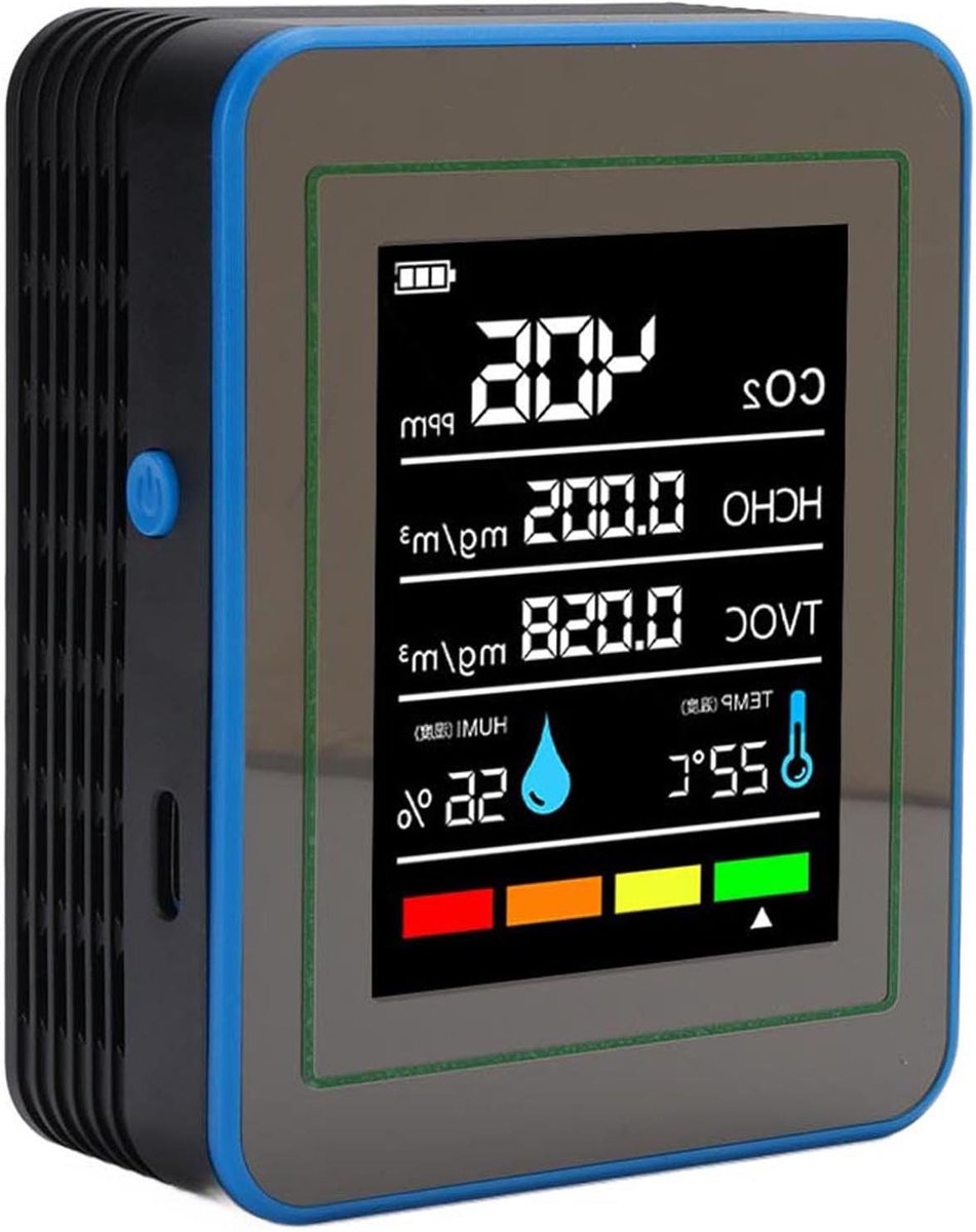Luchtkwaliteitsmeter - Lucht Analysator - Binnenlucht Meten - 5-in-1 Detector - 90x70x35mm - Zwart Blauw