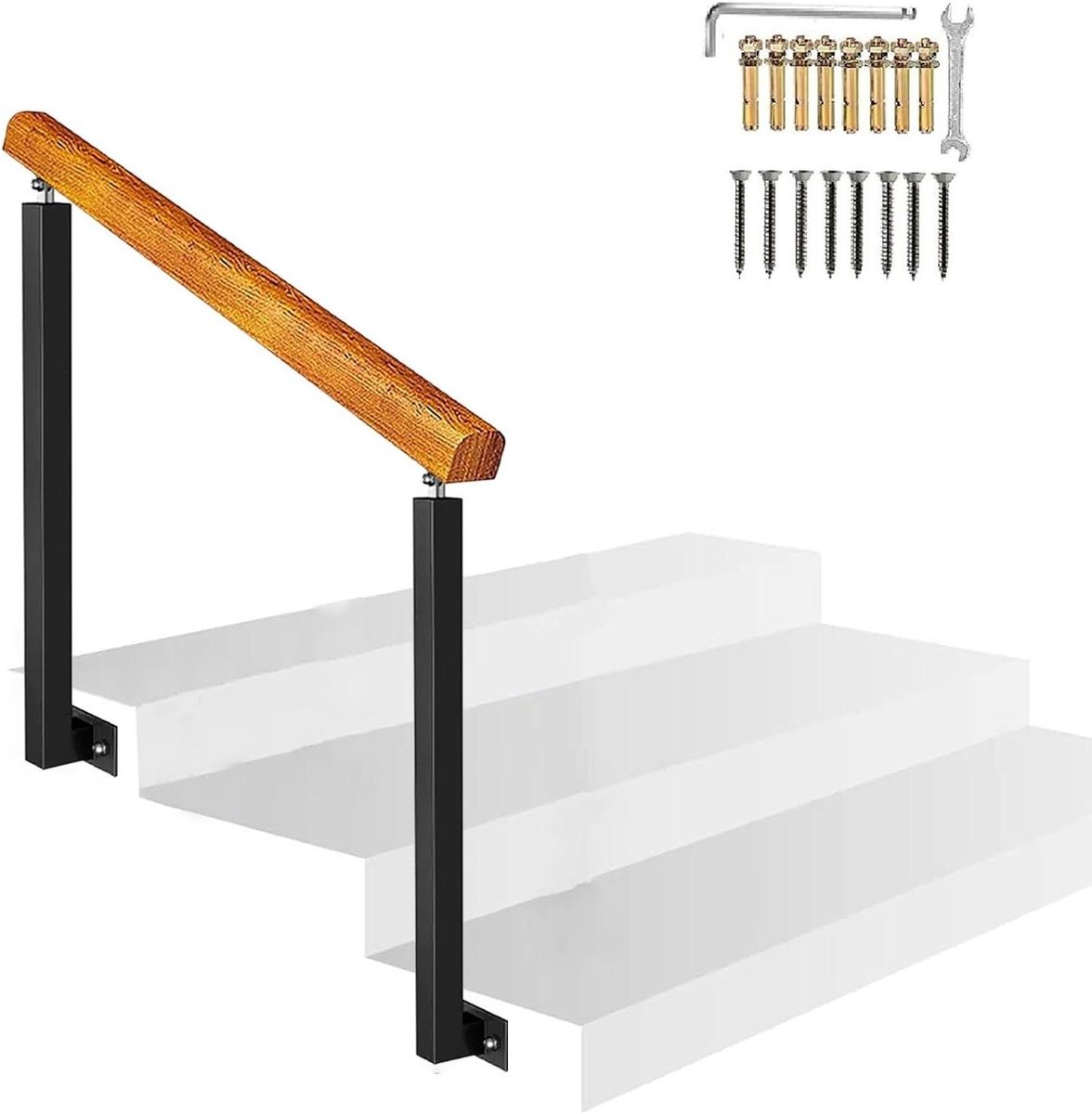 Trapleuning voor veranda - Buitenleuning houten - Veilig traplopen - Verstelbare helling - Hoogte 95cm - Houtkleur