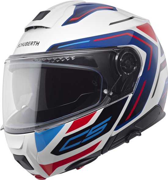Witte systeemhelm met blauwe, rode en zwarte strepen en het Schuberth C5 logo aan de zijkant.