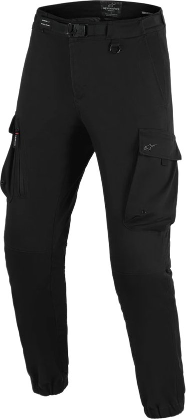 Zwarte Alpinestars cargo motorbroek met klepzakken, ritszakken en riem. Elastische enkelbanden.