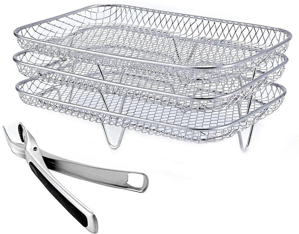 Dailygoody OmGoods Dailygoody Airfryer rek Stapelbare dehydrator Roestvrijstaal 3 niveaus Verhoog je kookruimte Geschikt voor DZ201 Foodi 20 5 x 19 x 5 cm