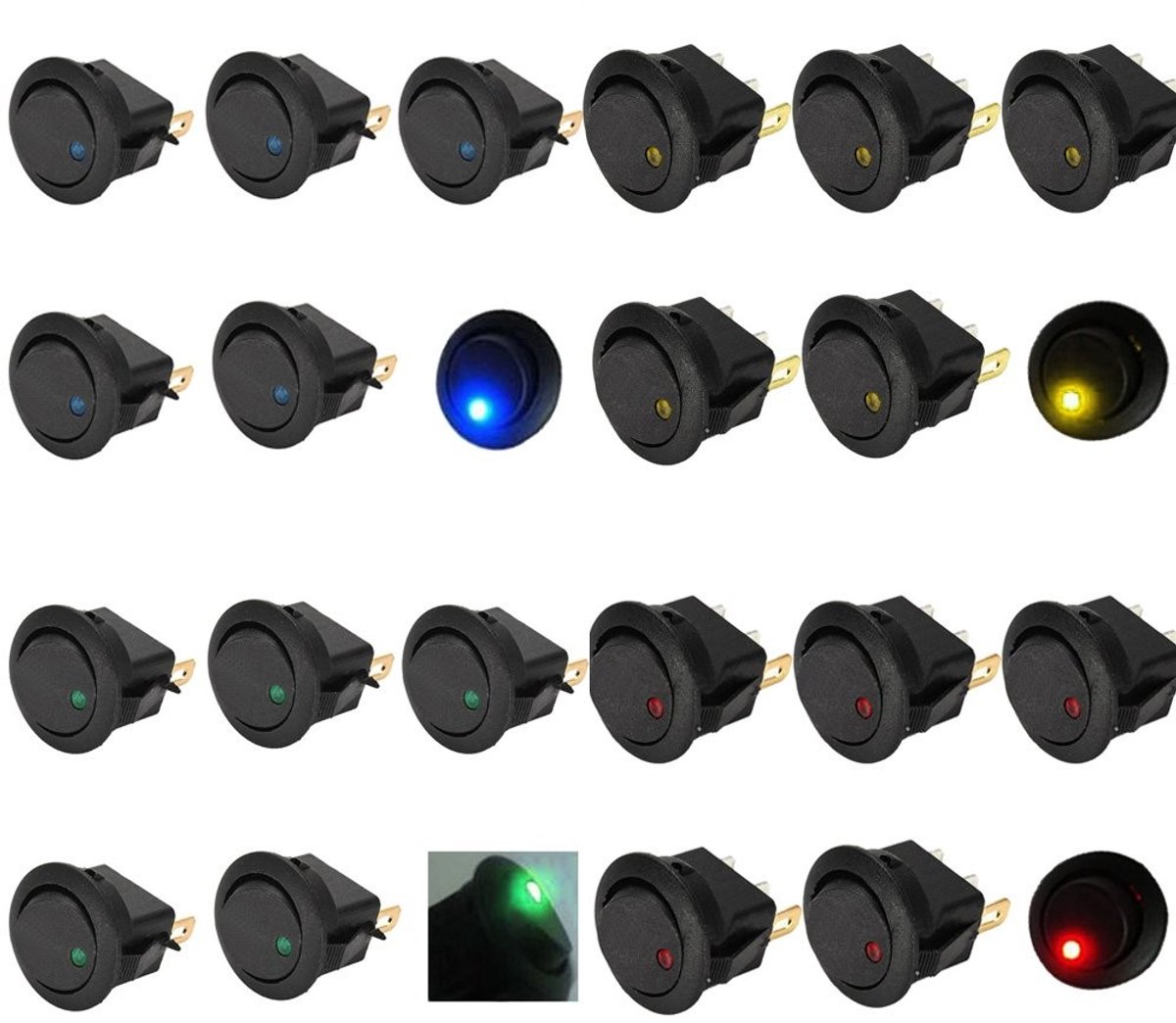 Dailygoody - Rocker Switch - On/Off Schakelaar - Voor Auto en Boot - 20 Stuks - Kleur: Blauw, Rood, Groen, Geel - LED Verlichting - 12V 16A