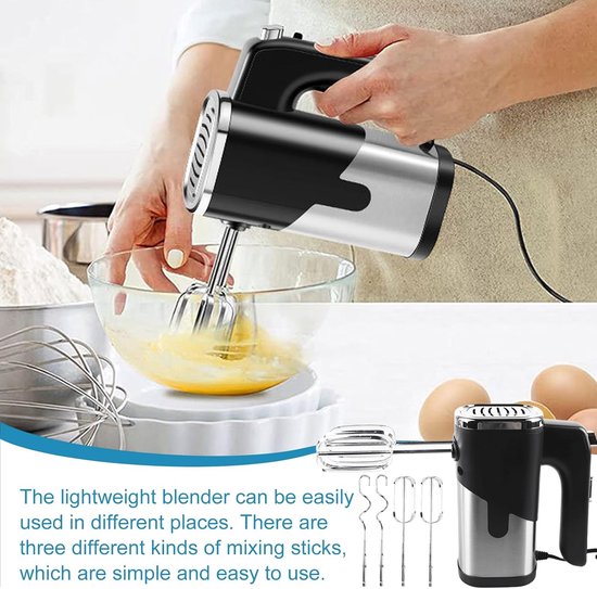 Handmixer, 800 W, 7 snelheden, elektrische handmixer, handmixer met 4 roestvrijstalen accessoires, roestvrijstalen kneedmachine, handmixer, handmixer, keukenmixer (zwart) — afbeelding 4