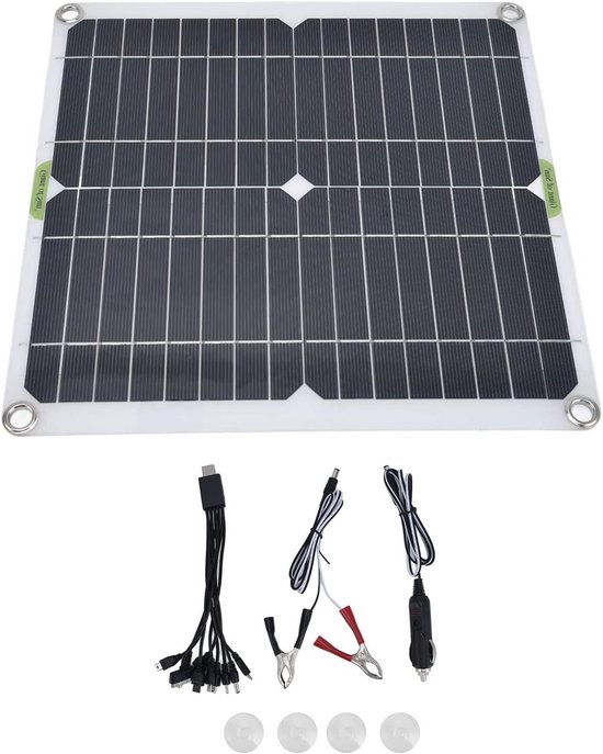 Zwart zonnepaneel met wit frame, oogjes en kabels met autolader, krokodillenklemmen en USB-adapters.