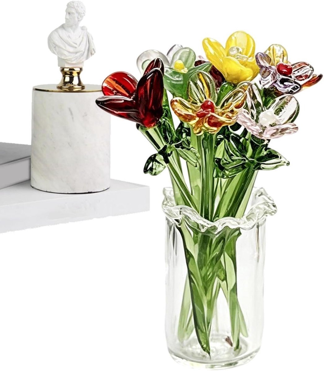 Miniatuur Glasbloemen - Kristallen Boeket - Interieur Decoratie - Handgeblazen Glaswerk - 11 Delige Set - Meerdere Kleuren