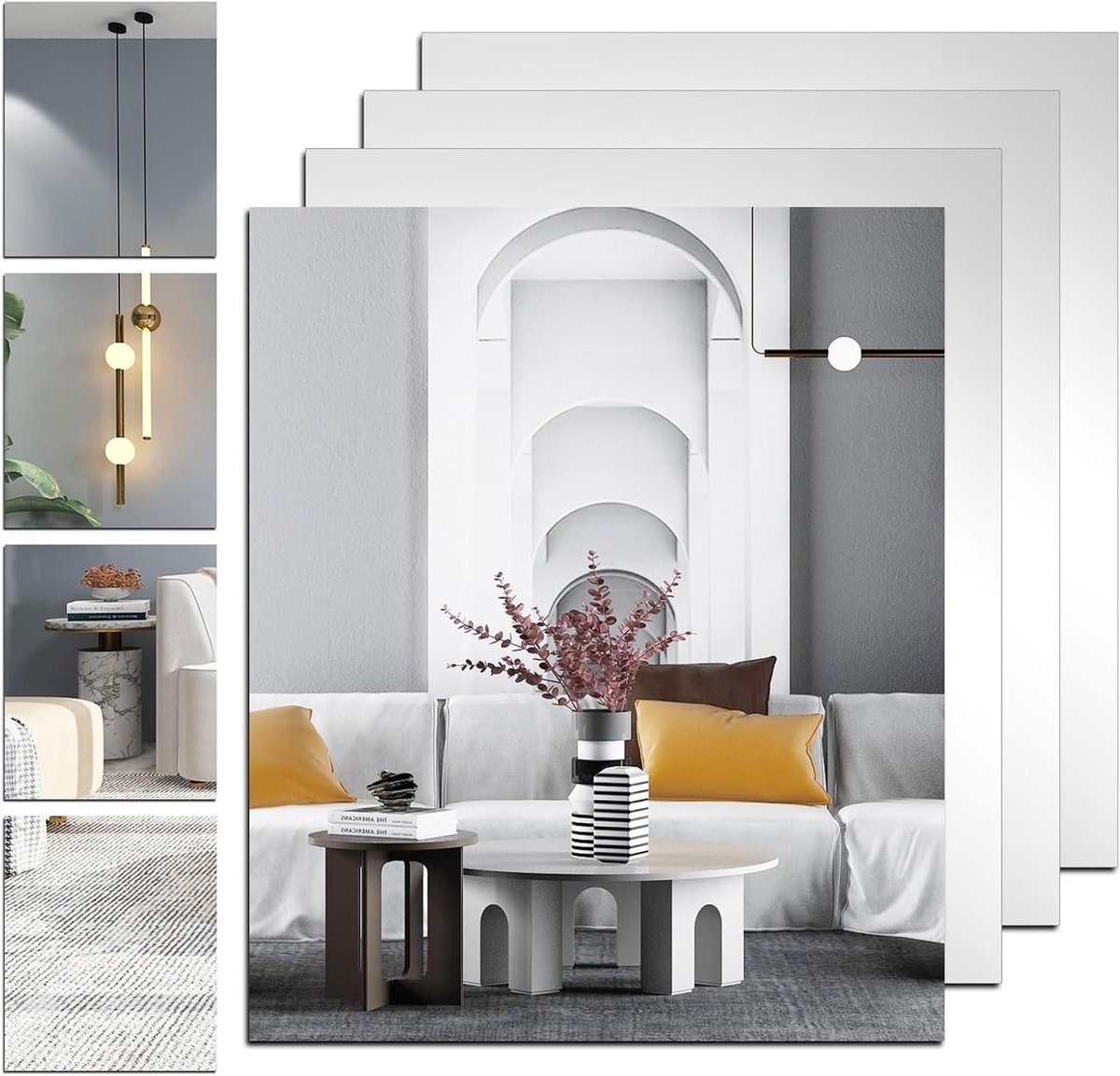 Set van 4 zelfklevende wandspiegels voor decoratie, ruimtevergroting en interieurstyling