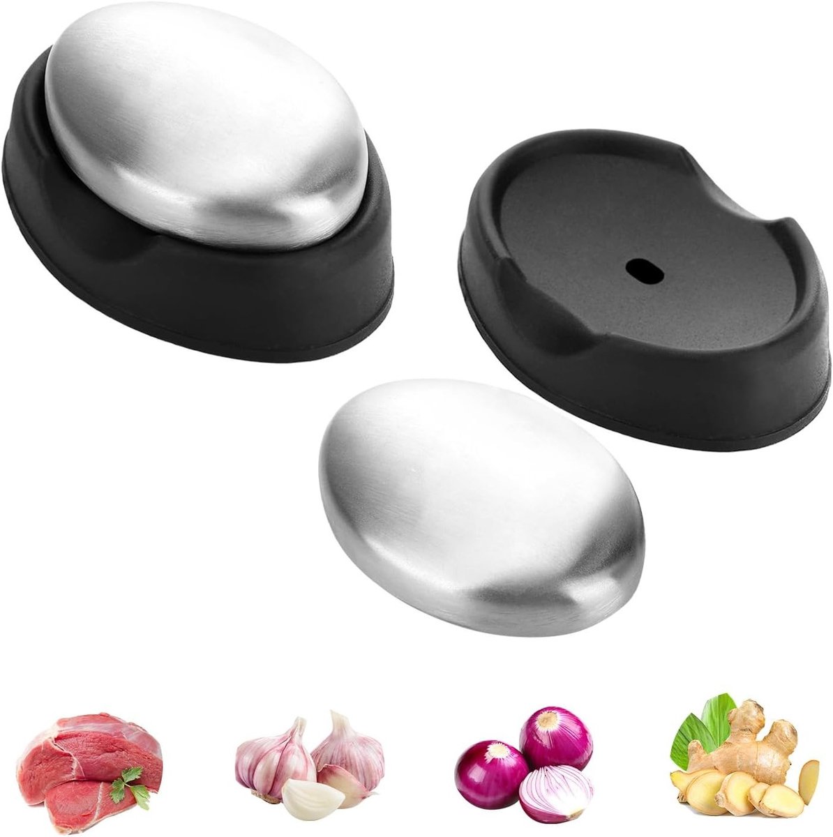 Set van 2 RVS Zeep voor Keuken en Badkamer - Roestvrij, Geurverwijderaar, Chemisch Vrij, 6.3 x 4.8 x 2 cm, Zilver