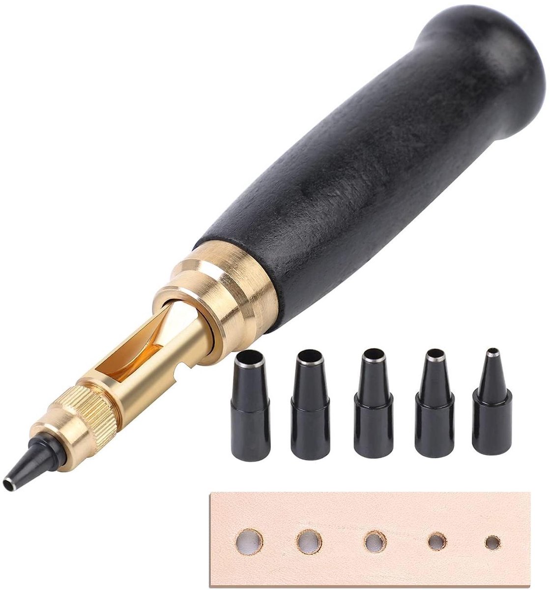 carmdering - Leerpons - Riempons - Draaipons - Messing met houten handvat, 6 maten (1,5-4 mm) - Geen hamer nodig, stil, ergonomisch - Voor leer, riemen, papier, rubber en plastic - Incl. 6 ponsbits