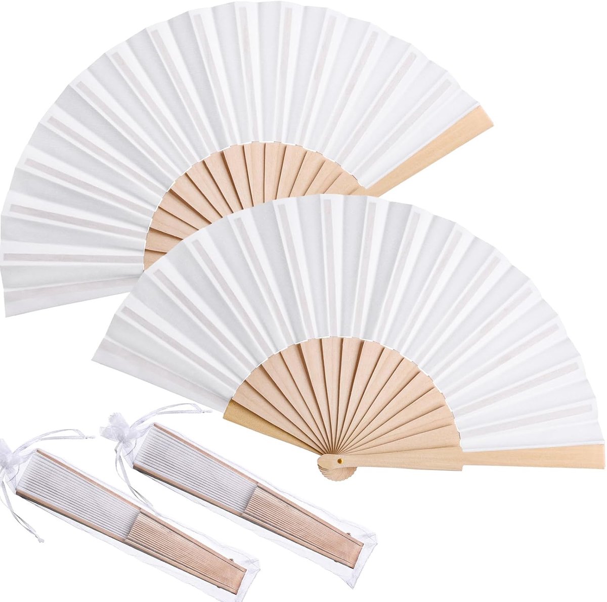 Daity 2 stuk – Stoffen Handwaaiers – Chinese en Japanse Opvouwbare Waaiers (8,27 inch) met Trekkoordzakjes – Draagbaar – Voor Dames, Bruiloften, Dansen, Kerk, DIY-projecten en Zomerfeestjes (Wit)