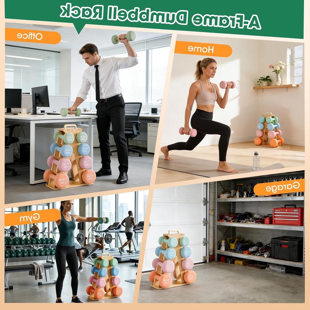 Dumbbell Stand en Gewichten Set, 4-laags Houten A-Frame Rack voor 3-7 kg Halters, Ruimtebesparende Fitness Organizer met Draaghandvat voor Thuisgym, Ideaal voor Beginners en Gevorderden thumbnail 2