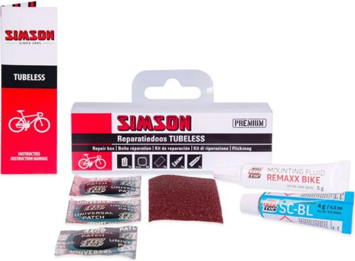 Simson Tubeless reparatiedoos rood met pleisters, blauwe solutie en montagevloeistof voor fietsbanden thumbnail 3