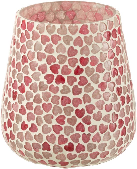 Vaas van glas met roze en rode hartjes mozaïek.
