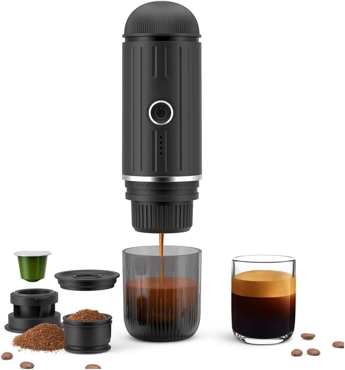 Draagbare espressomachine, zelfverwarmend in 3-4 minuten, oplaadbaar elektrisch koffiezetapparaat geschikt voor NS-capsules en gemalen koffie, ideaal voor kampeertrips met de auto.