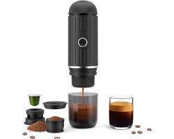 Draagbare espressomachine, zelfverwarmend in 3-4 minuten, oplaadbaar elektrisch koffiezetapparaat geschikt voor NS-capsules en gemalen koffie, ideaal voor kampeertrips met de auto.