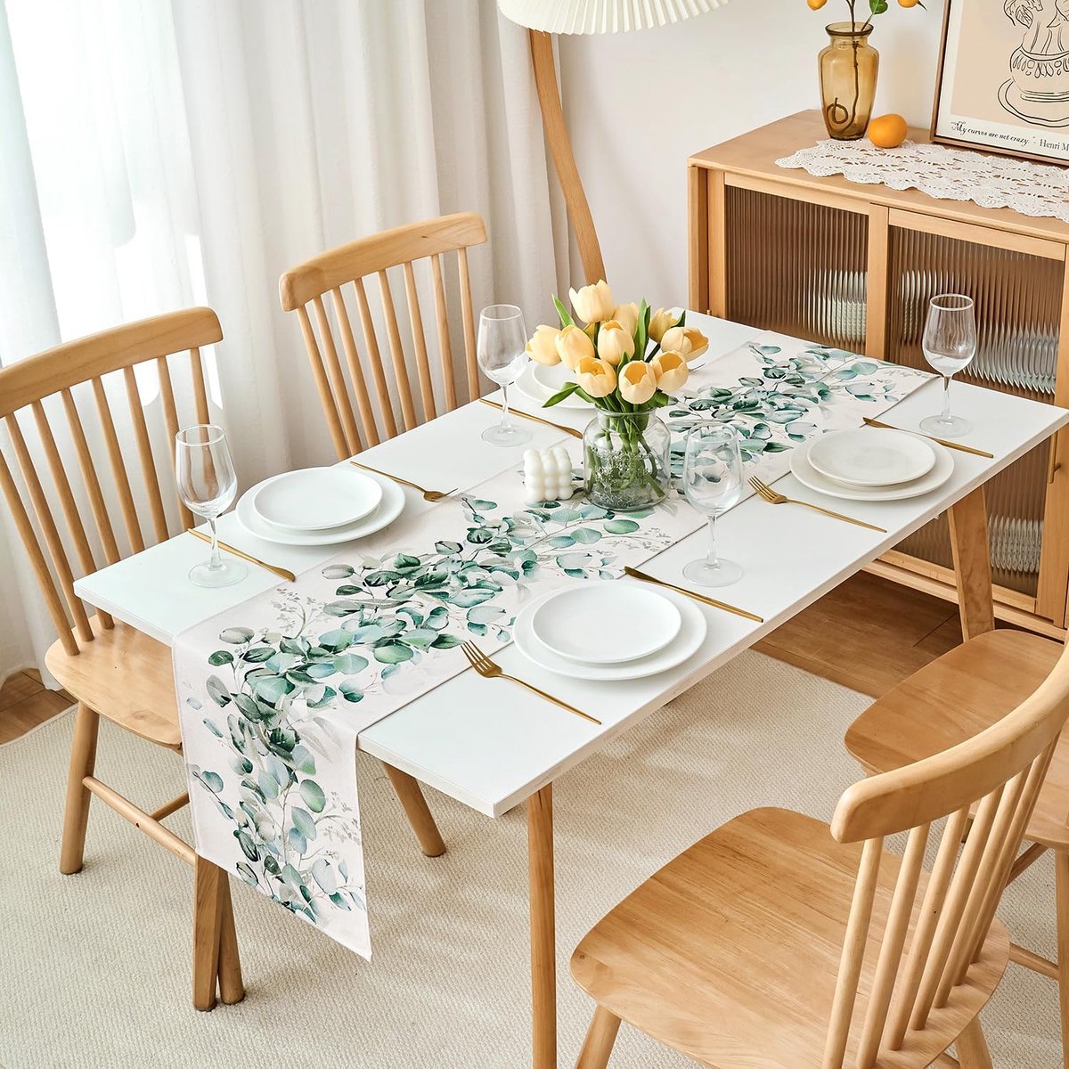 Tafel Runner - Tafeldecoratie - Feestelijke Tafel - Eucalyptus Bladprint - 140 x 40 cm - Groen