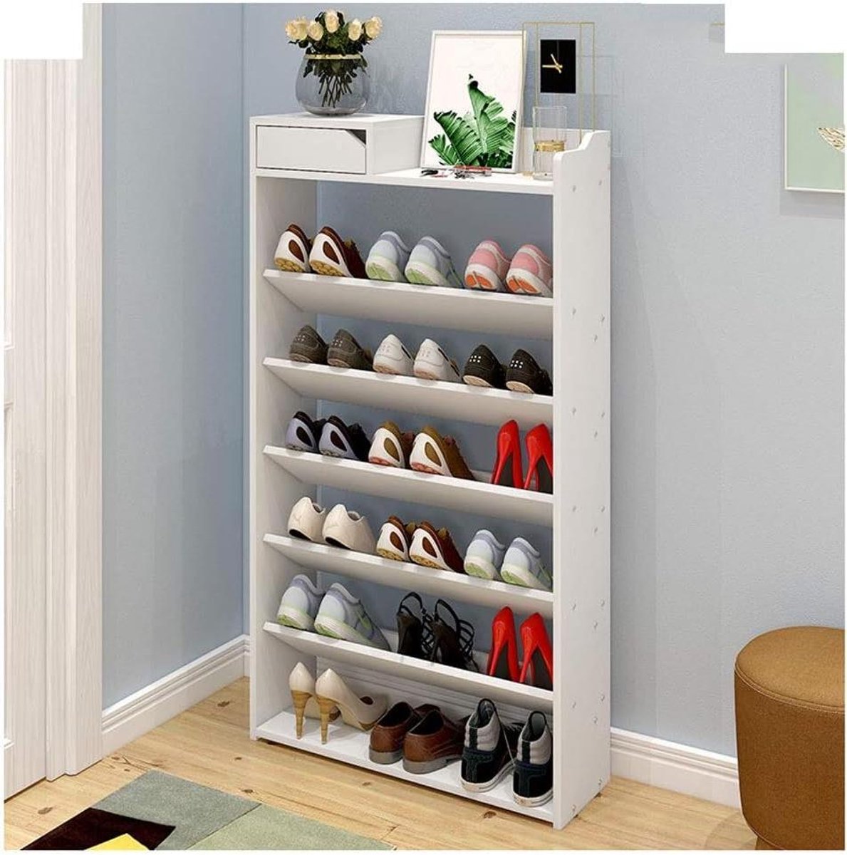 Schoenenplank - Schoenenrek - Schoenen Opbergen - Vrijstaand Met Laden - 60cm 7-Tiers - Wit