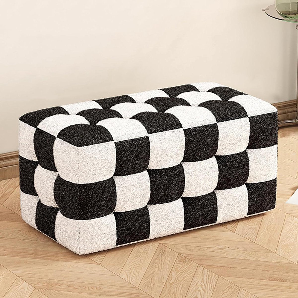 Kubus poef - Schoenenbank kruk - Zitcomfort creëren - Stevige massief houten basis - 90 cm - Teddy fluweel