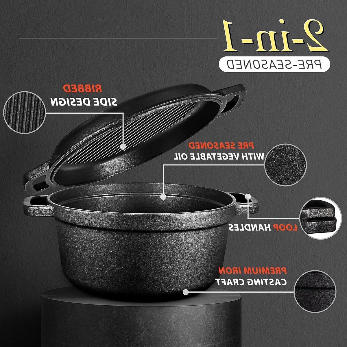 Gietijzeren Braadpan Handi Pot Langzaam Koken 2-in-1 Grill Deksel 5 Liter Capaciteit Zwart