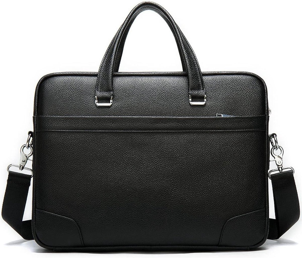 Laptoptas Aktetas - Schoudertas Heren - Zakelijk Gebruik - Echt Leer - 36.5x28x6.5cm - Zwart