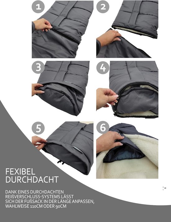 Voetenzak, wintervoetenzak voor kinderwagen, buggy, slee, knuffelzak, universeel, in mummievorm, met lamswol, maat aanpasbaar, warm, met ritssluiting, wasbaar, donkergrijs — afbeelding 2
