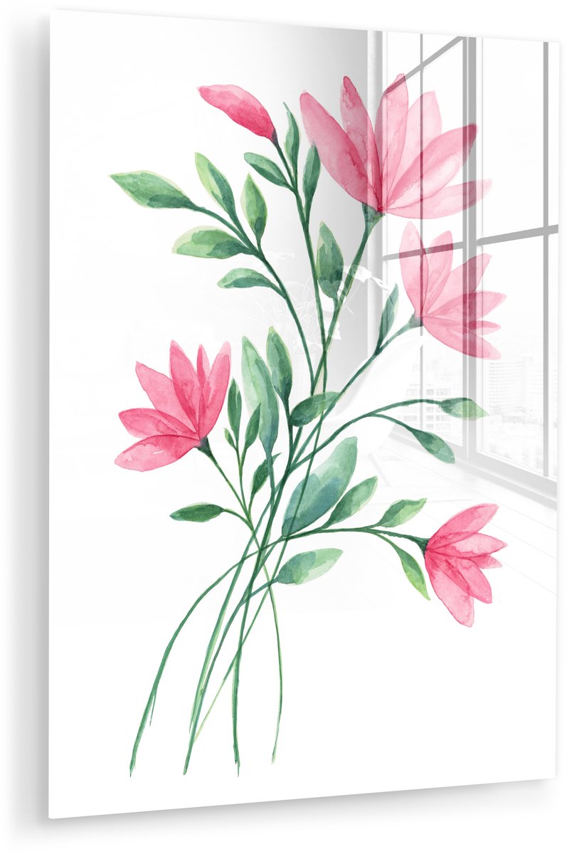 ® Glasschilderij 30x40 cm - Schilderij acrylglas - Bloemen - Waterverf - Roze - Foto op glas - Muurdecoratie woonkamer - Wanddecoratie slaapkamer - Schilderijen