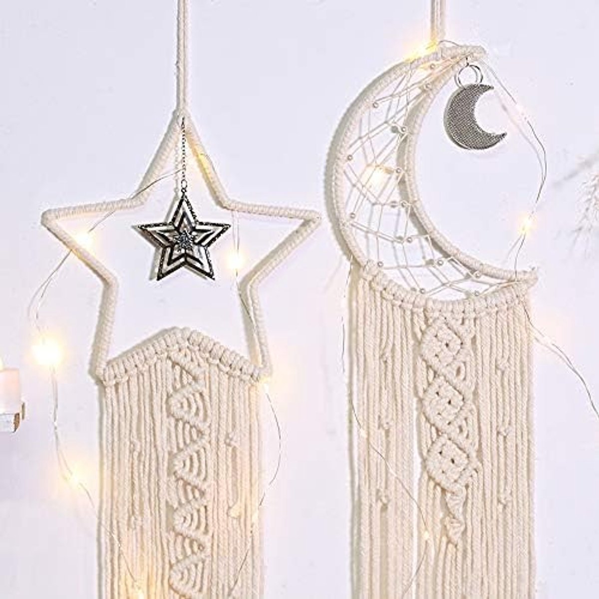aladdien - Macrame Wanddecoratie - Handgemaakt - Bohemian Stijl - Beige - Ster en Maan Design - Voor Slaapkamer - Uniek Cadeau - Geschikt voor Bruil...