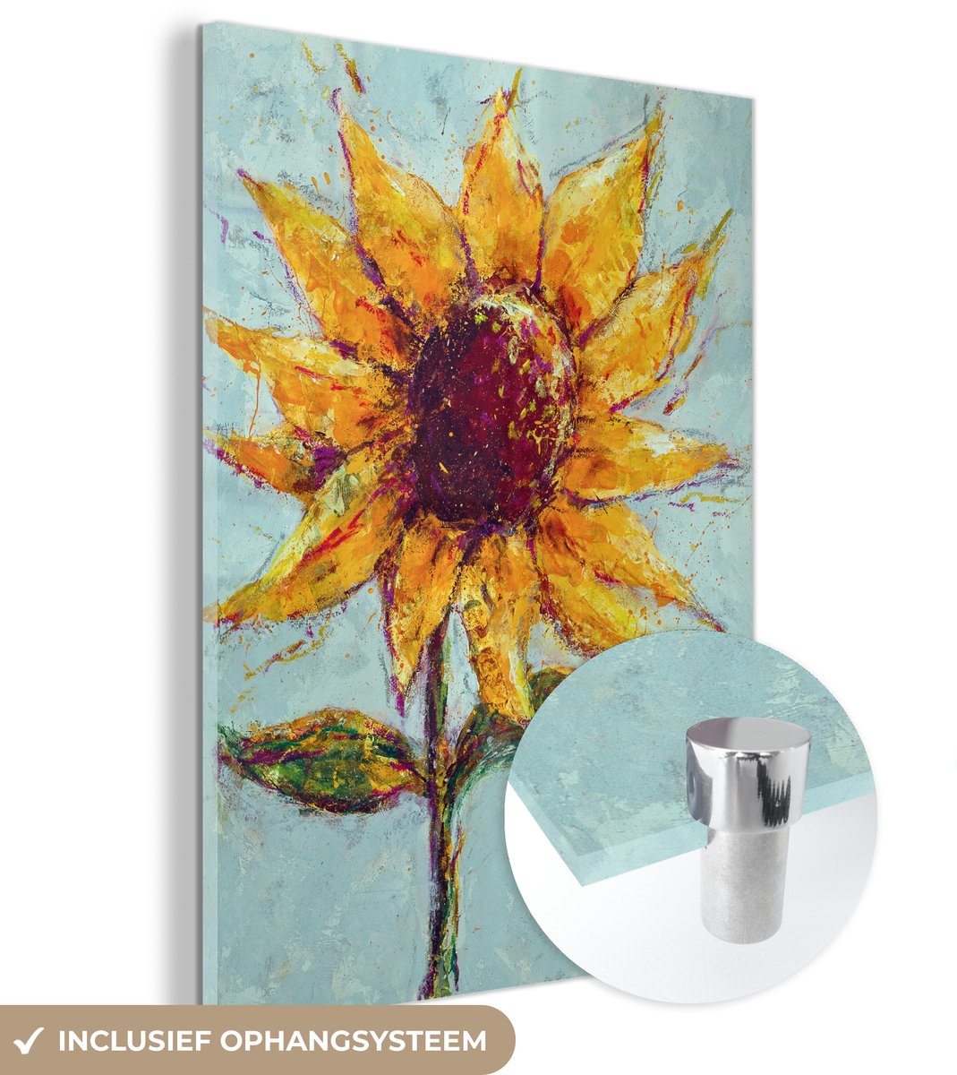 ® Glasschilderij 120x160 cm - Schilderij acrylglas - Acrylverf schilderij van een zonnebloem - Foto op glas - Muurdecoratie woonkamer - Wanddecoratie slaapkamer - Schilderijen
