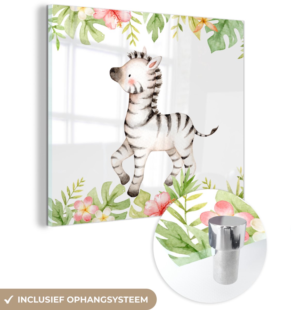 ® Glasschilderij 20x20 cm - Schilderij acrylglas - Zebra - Aquarelverf - Jungle - Foto op glas - Muurdecoratie woonkamer - Wanddecoratie slaapkamer - Schilderijen